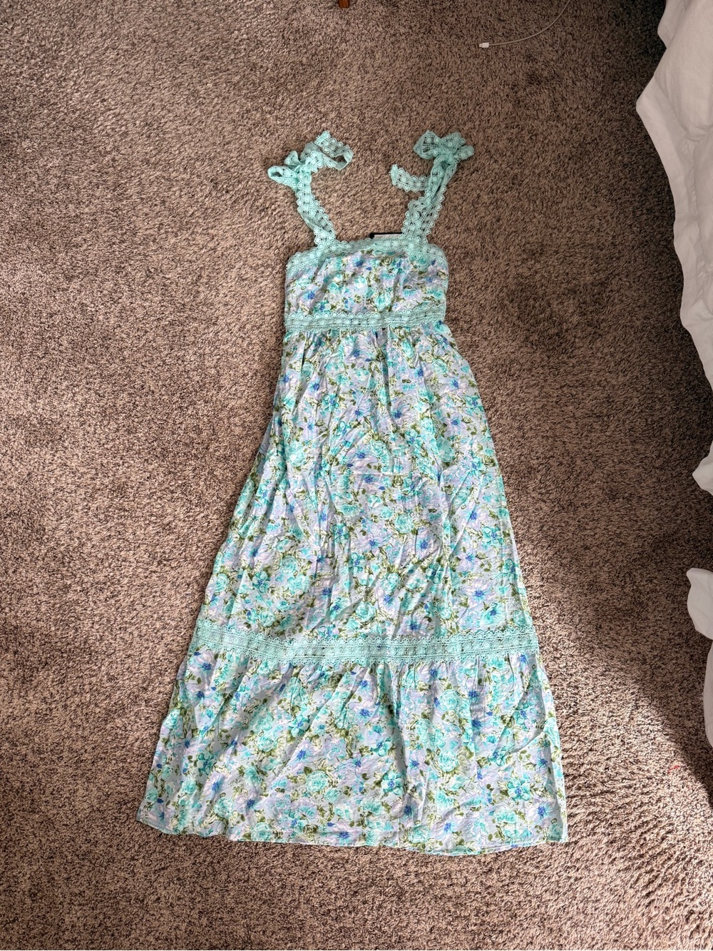 Mint Floral Maxi Dress with Crocheted Straps